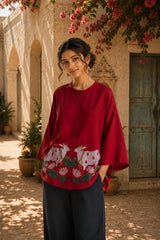 Surbhi Kalamkari Oversized Cotton Shirt for Women – Blood Red