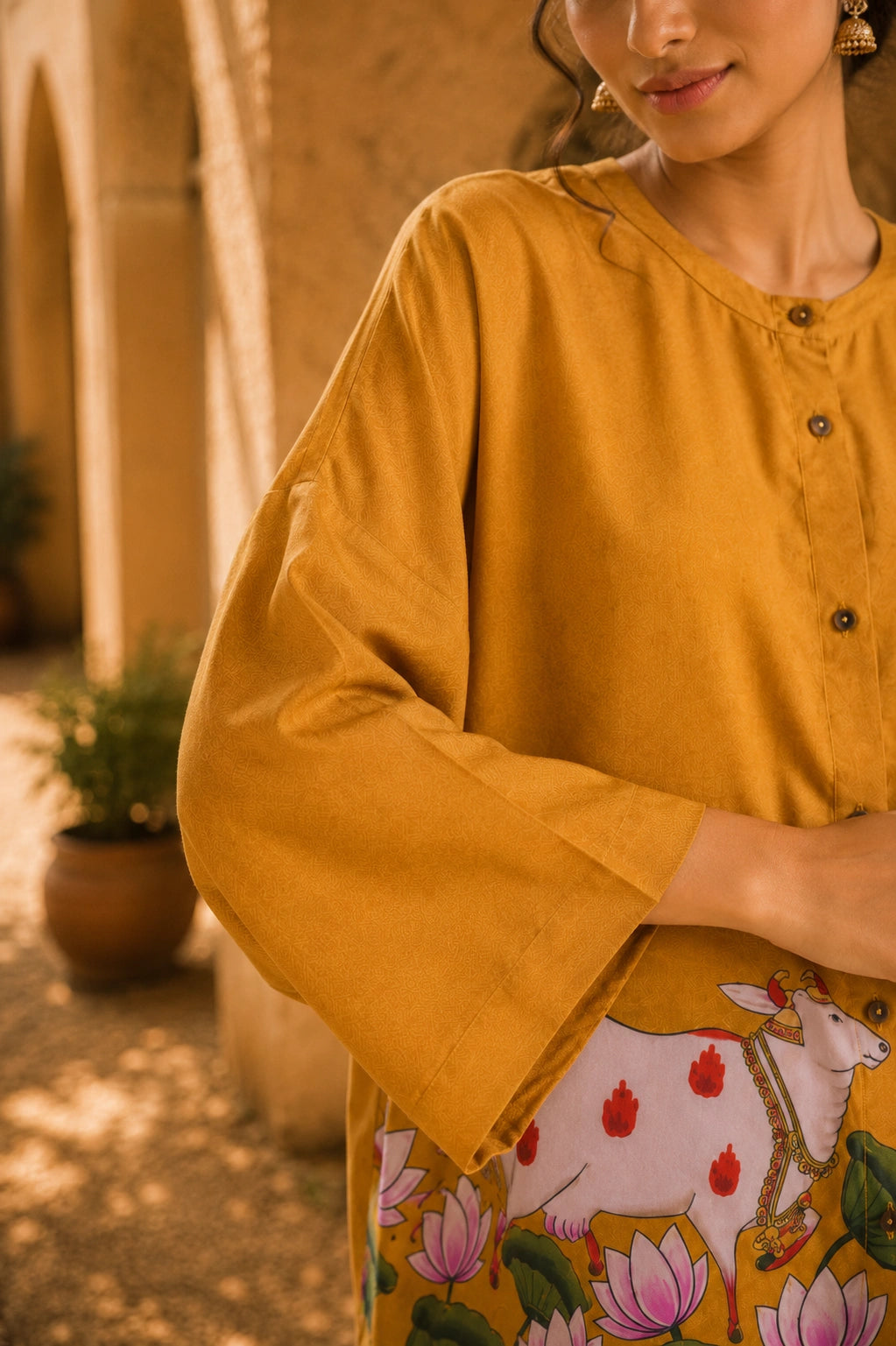 Surbhi Kalamkari Oversized Cotton Shirt for Women –  Golden Yellow