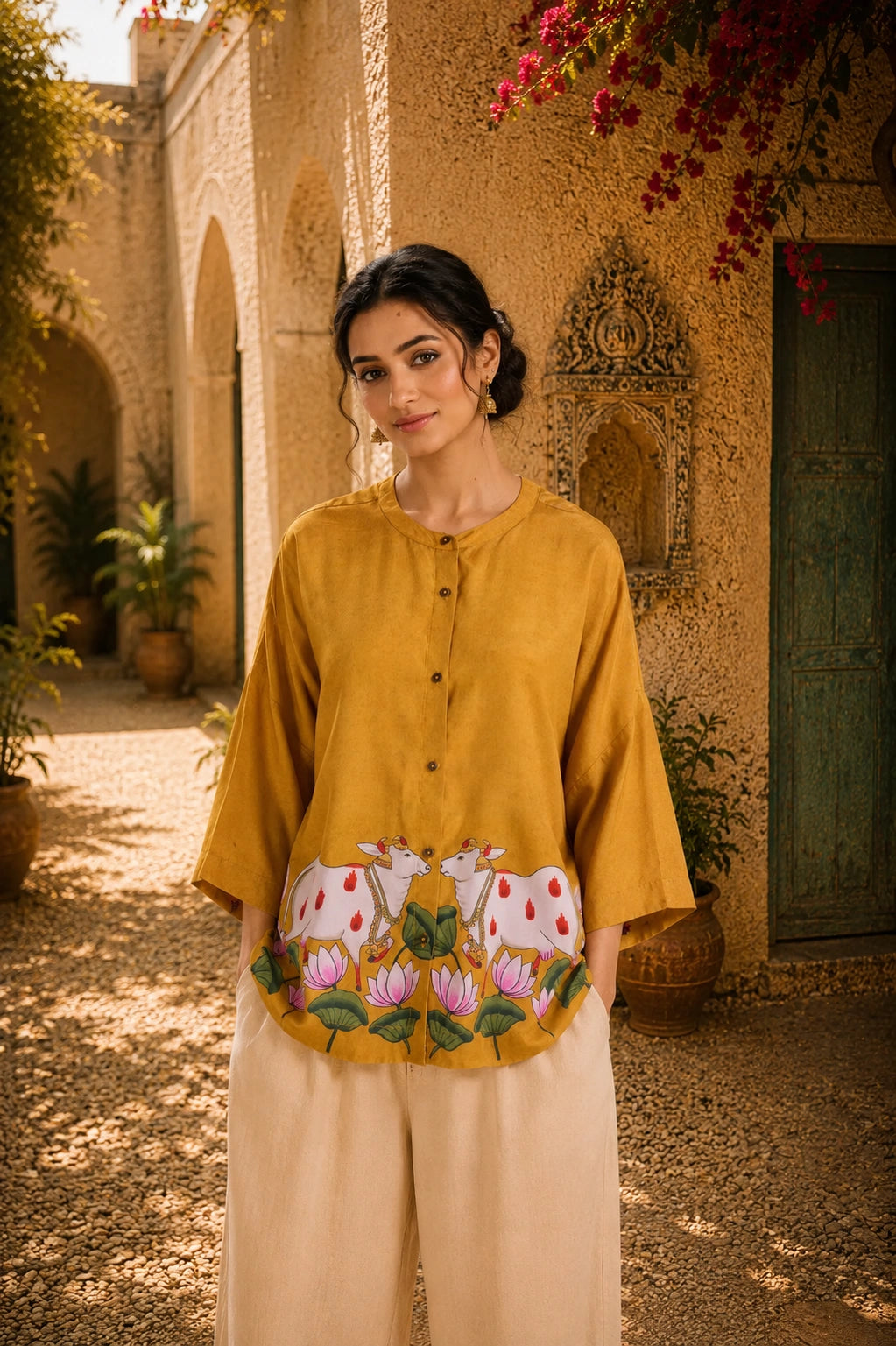 Surbhi Kalamkari Oversized Cotton Shirt for Women –  Golden Yellow