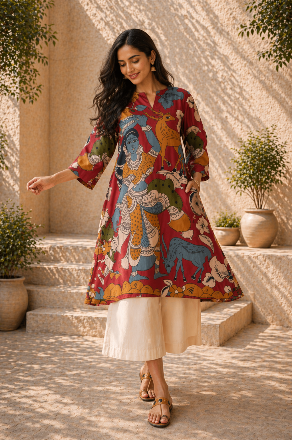 Chitra Kalamkari Print Kurta & Relaxed Pants Set (Rust & Multi-Colored)