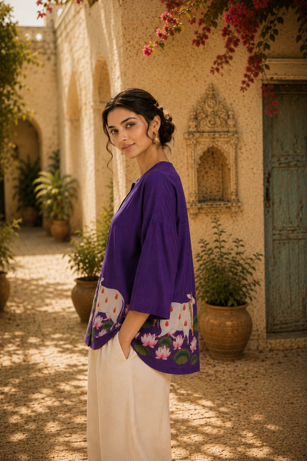 Surbhi Kalamkari Oversized Cotton Shirt for Women – Violet