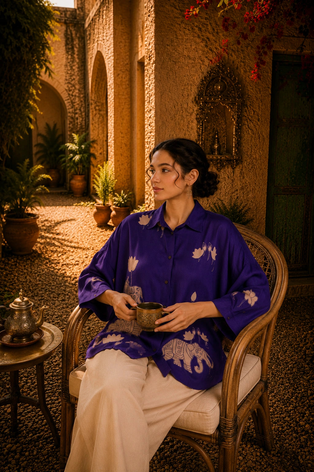 Purple Kalamkari Elephant & Lotus Print Oversized Cotton Shirt | Premium Relaxed Fit Ethnic Fusion Top for Women