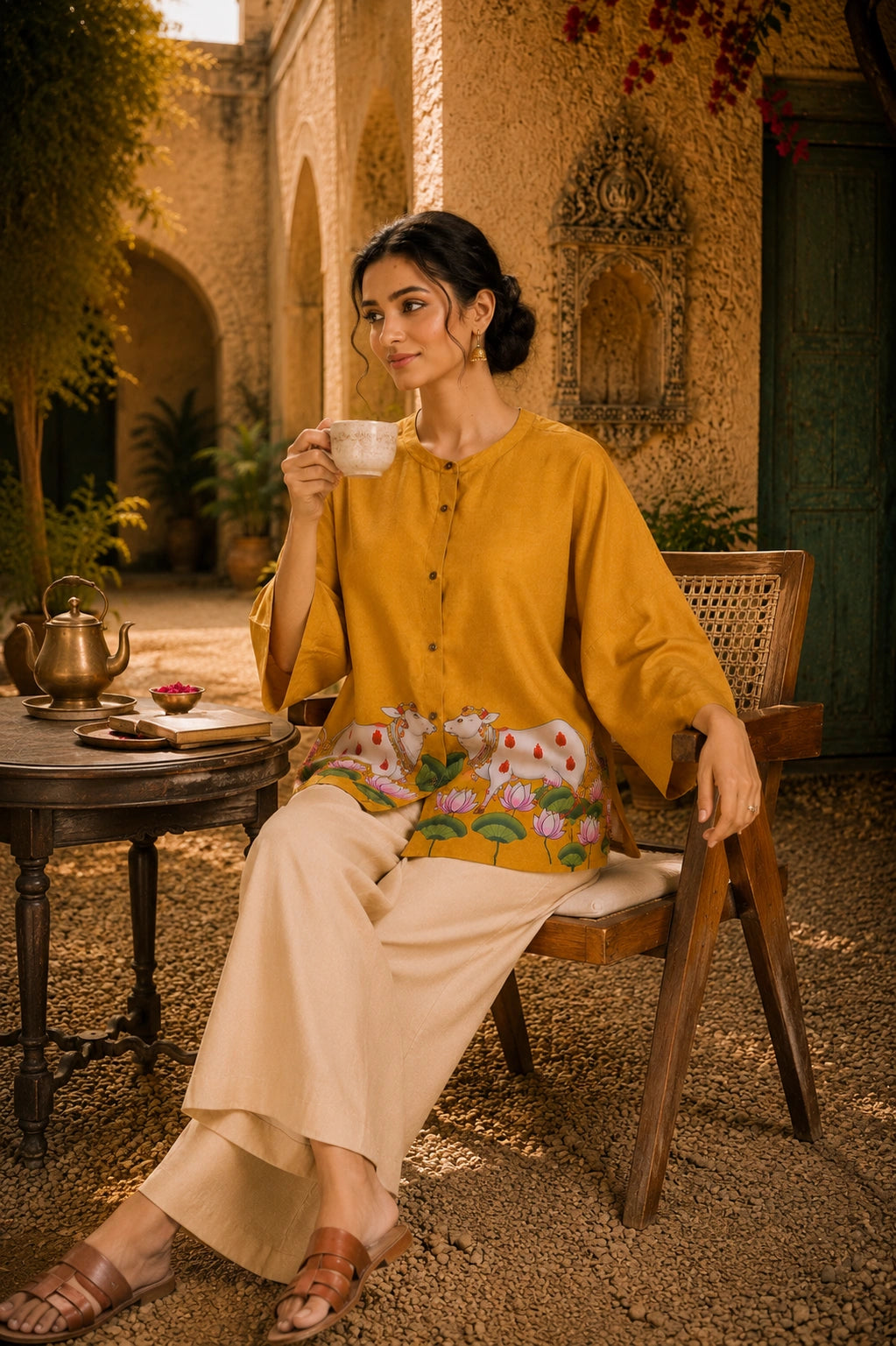 Surbhi Kalamkari Oversized Cotton Shirt for Women –  Golden Yellow