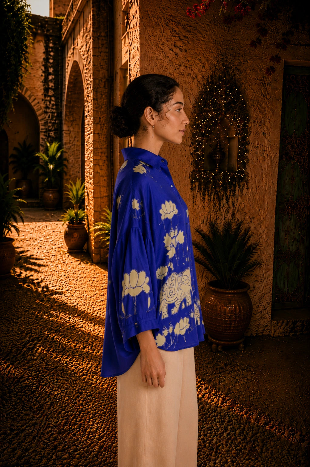 Royal Blue Kalamkari Elephant & Lotus Print Oversized Cotton Shirt – Premium Relaxed Fit Ethnic Fusion Top for Women