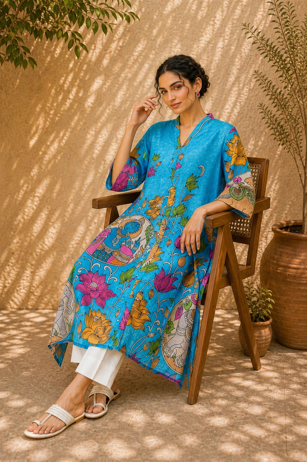 Vrindika Premium Cotton Printed Kurta Set with Pants – Electric Blue Floral Ethnic Wear