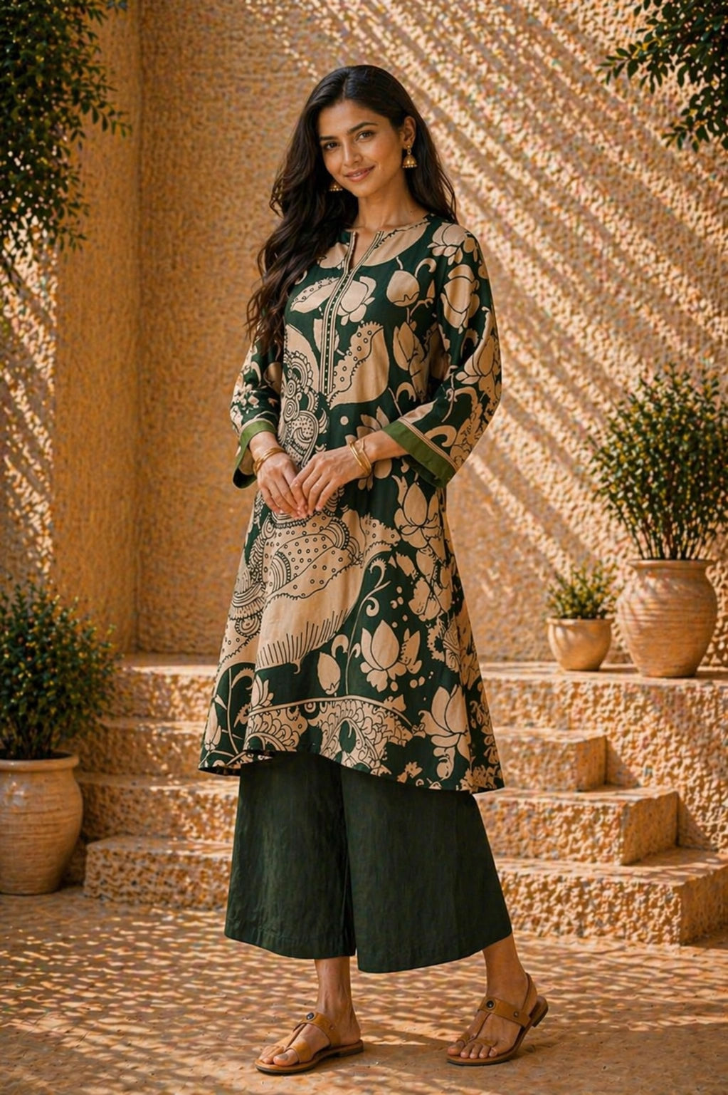 Green Kalamkari Print Kurta Set with Mukaish Embroidery - Ethnic Wear for Women