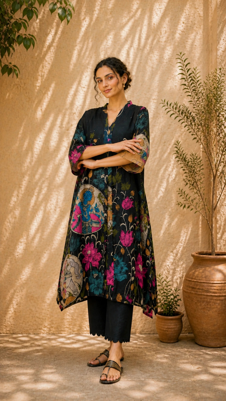 Vrindika Premium Cotton Printed Kurta Set with Pants – Black Floral Ethnic Wear