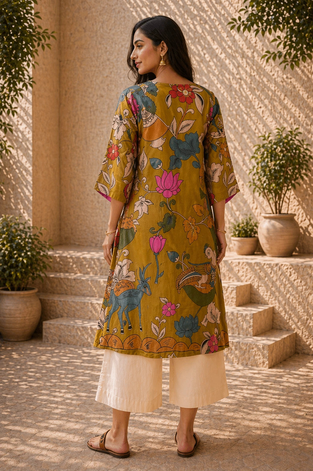 Chitra Kalamkari Print Kurta & Relaxed Pants Set (Mustard Yellow & Multi-Colored)