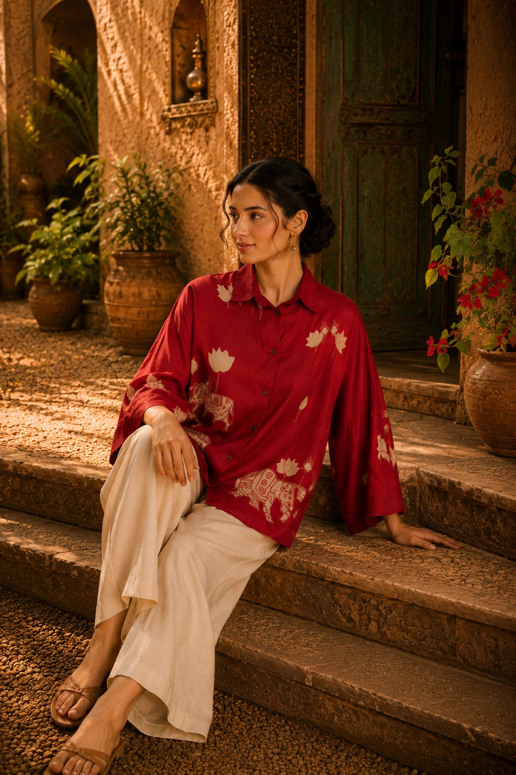 Red Kalamkari Elephant & Lotus Print Oversized Cotton Shirt – Premium Relaxed Fit Ethnic Fusion Top for Women