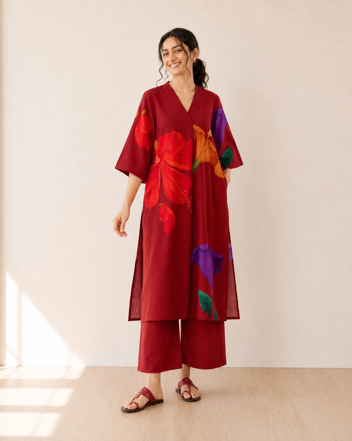 Hibiscus Cherry Red Soft Cotton Kurti Set