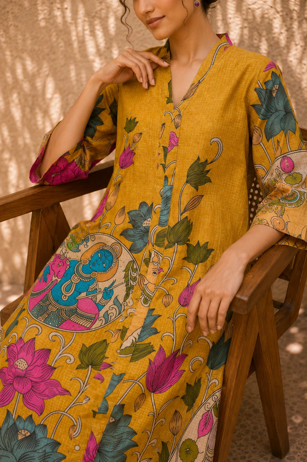 Vrindika Premium Cotton Printed Kurta Set with Pants – Mustard Floral Ethnic Wear