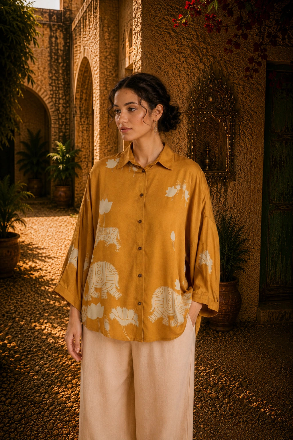 Yellow Kalamkari Elephant & Lotus Print Oversized Cotton Shirt – Premium Relaxed Fit Ethnic Fusion Top for Women