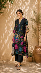 Vrindika Premium Cotton Printed Kurta Set with Pants – Black Floral Ethnic Wear