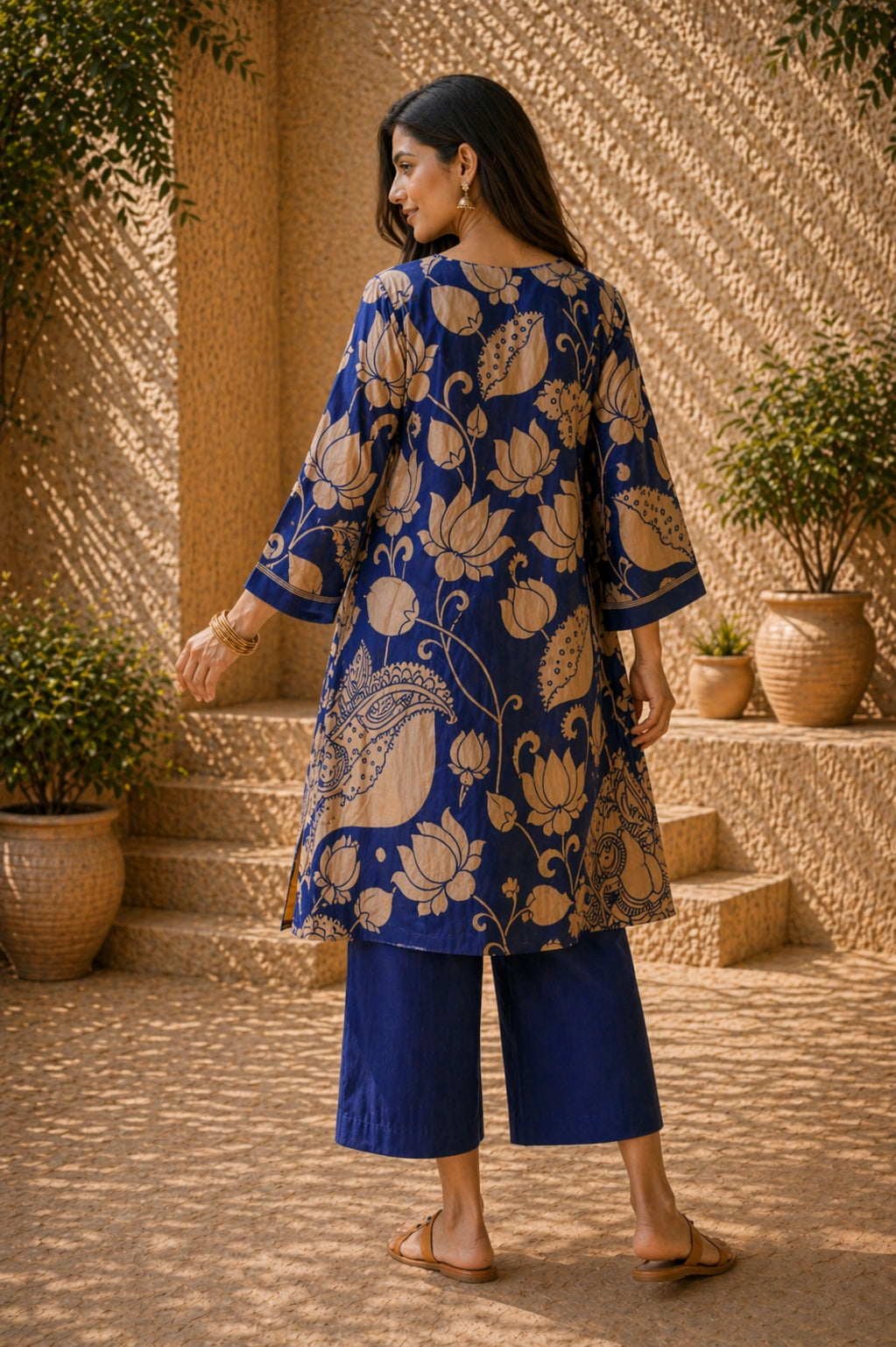 Royal Blue Kurta Set with Embroidery and Kalamkari Print