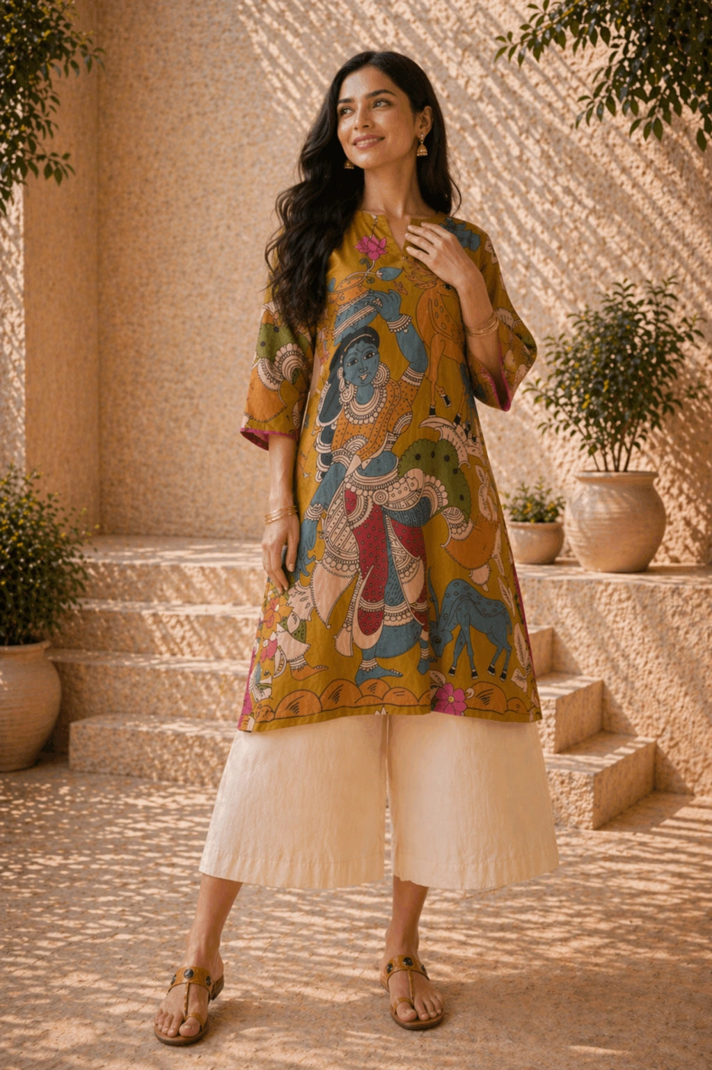 Chitra Kalamkari Print Kurta & Relaxed Pants Set (Mustard Yellow & Multi-Colored)