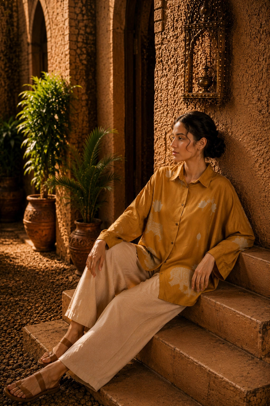 Yellow Kalamkari Elephant & Lotus Print Oversized Cotton Shirt – Premium Relaxed Fit Ethnic Fusion Top for Women