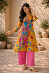 Rasika Kalamkari Print Premium Fabric Kurti Set with Pants for Women - Yellow
