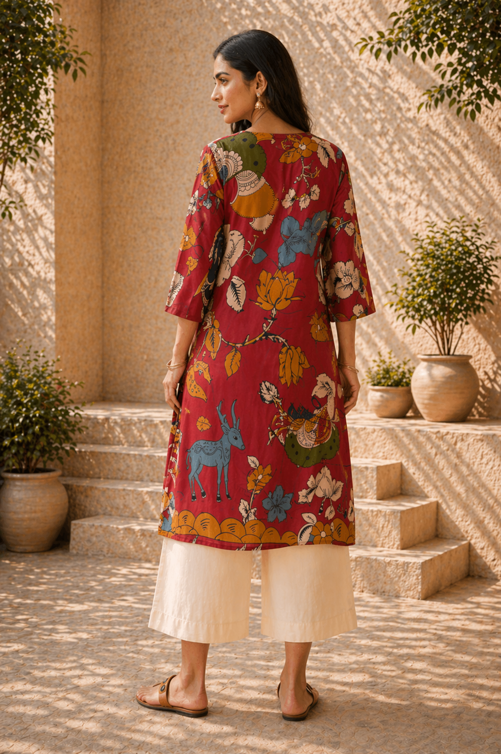 Chitra Kalamkari Print Kurta & Relaxed Pants Set (Rust & Multi-Colored)