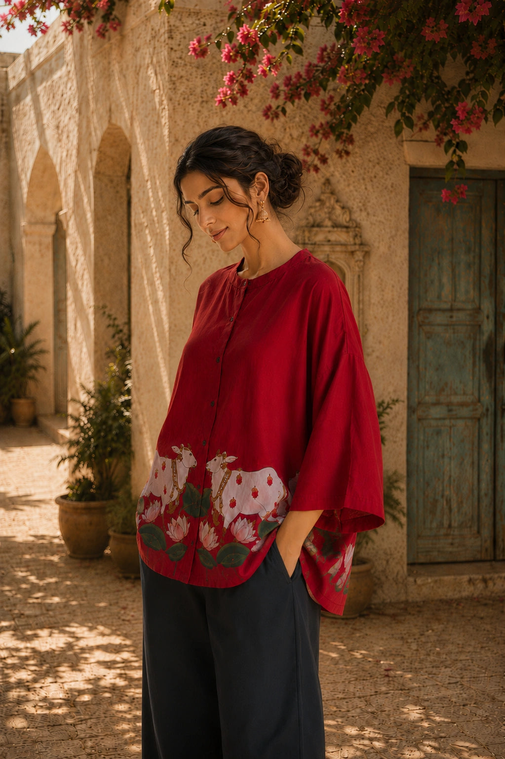 Surbhi Kalamkari Oversized Cotton Shirt for Women – Blood Red