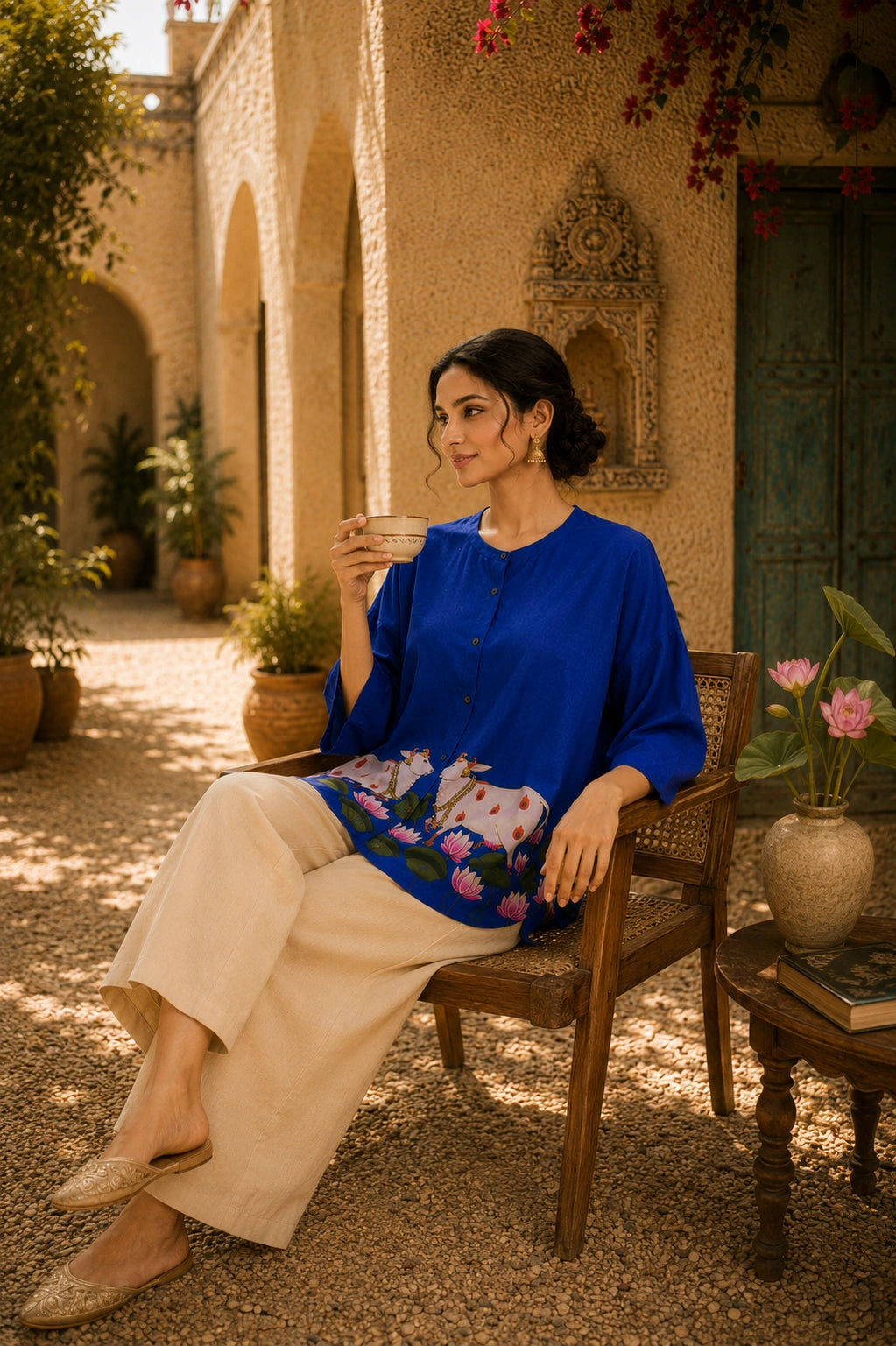 Surbhi Kalamkari Oversized Cotton Shirt for Women – Royal Blue