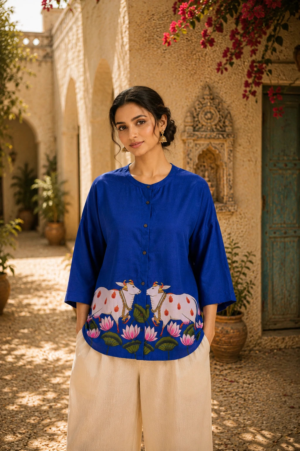 Surbhi Kalamkari Oversized Cotton Shirt for Women – Royal Blue