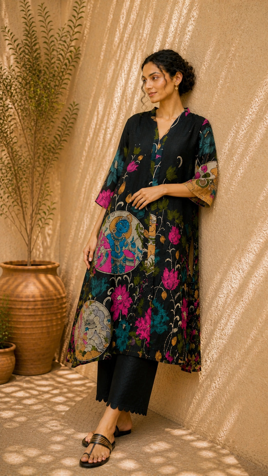 Vrindika Premium Cotton Printed Kurta Set with Pants – Black Floral Ethnic Wear