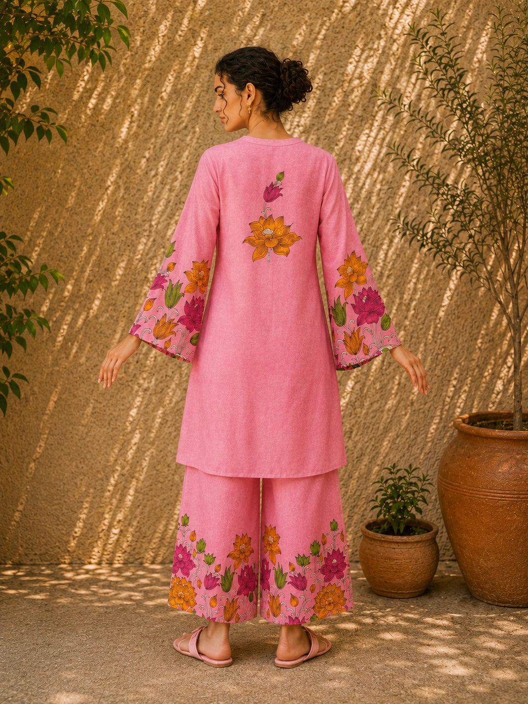 Vrindika Premium Cotton Printed Co-ord Set with Pants – Pink Floral Ethnic Wear