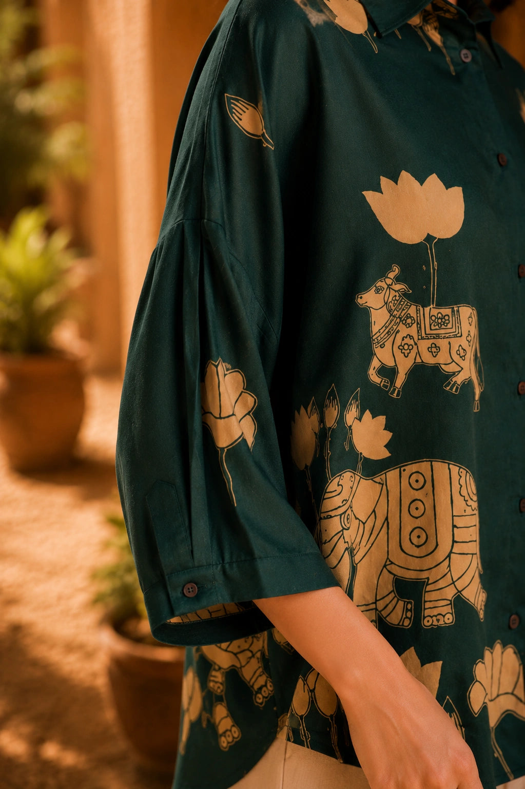 Green Kalamkari Elephant & Lotus Print Oversized Cotton Shirt – Premium Relaxed Fit Ethnic Fusion Top for Women