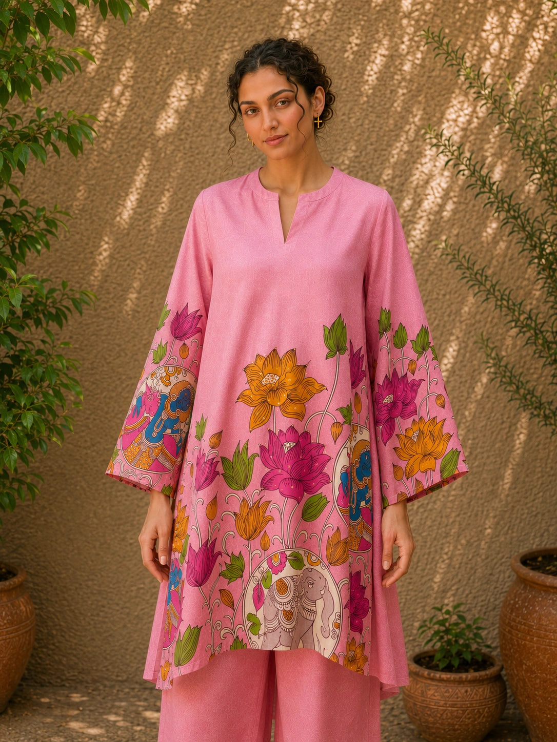 Vrindika Premium Cotton Printed Co-ord Set with Pants – Pink Floral Ethnic Wear