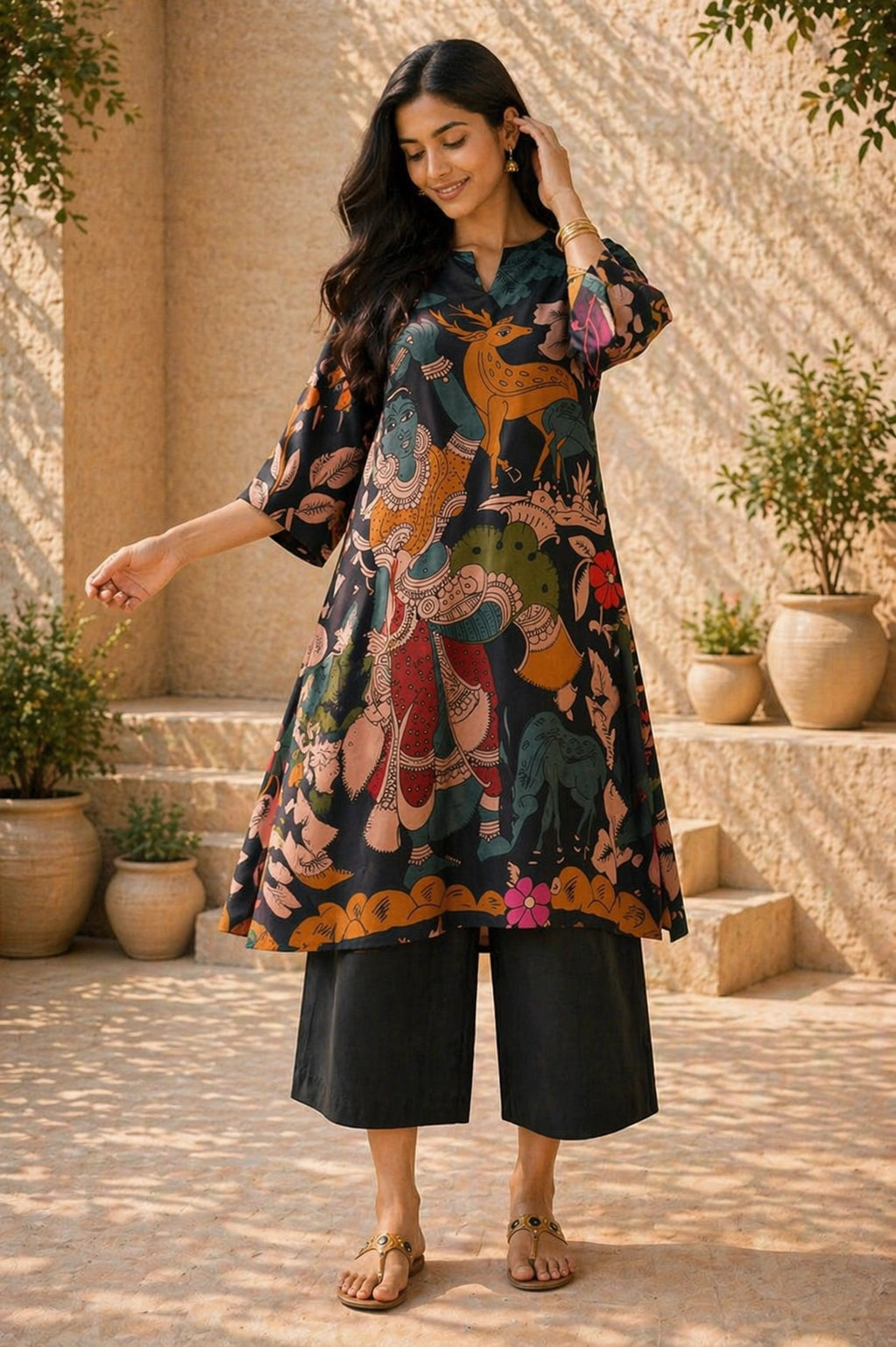 Chitra Kalamkari Print Kurta & Relaxed Pants Set (Black & Multi-Colored)