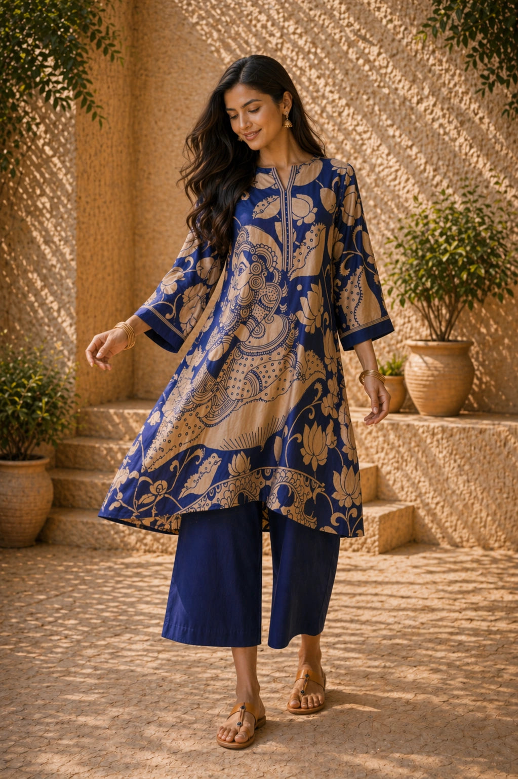 Royal Blue Kurta Set with Embroidery and Kalamkari Print