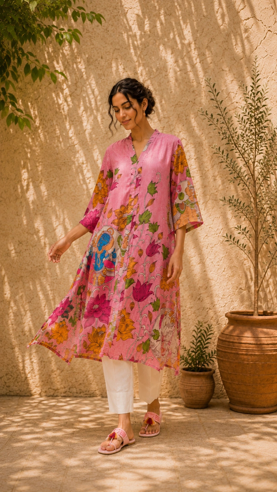Vrindika Premium Cotton Printed Kurta Set with Pants – Pink Floral Ethnic Wear