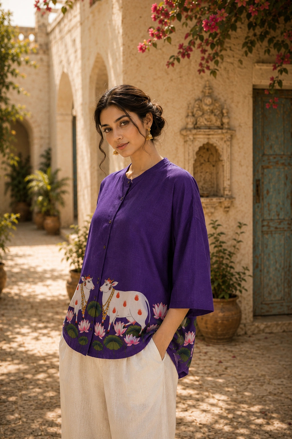 Surbhi Kalamkari Oversized Cotton Shirt for Women – Violet