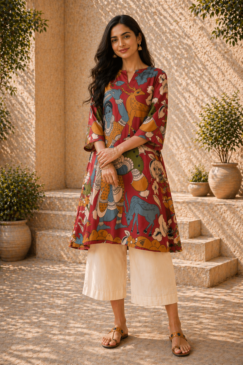 Chitra Kalamkari Print Kurta & Relaxed Pants Set (Rust & Multi-Colored)