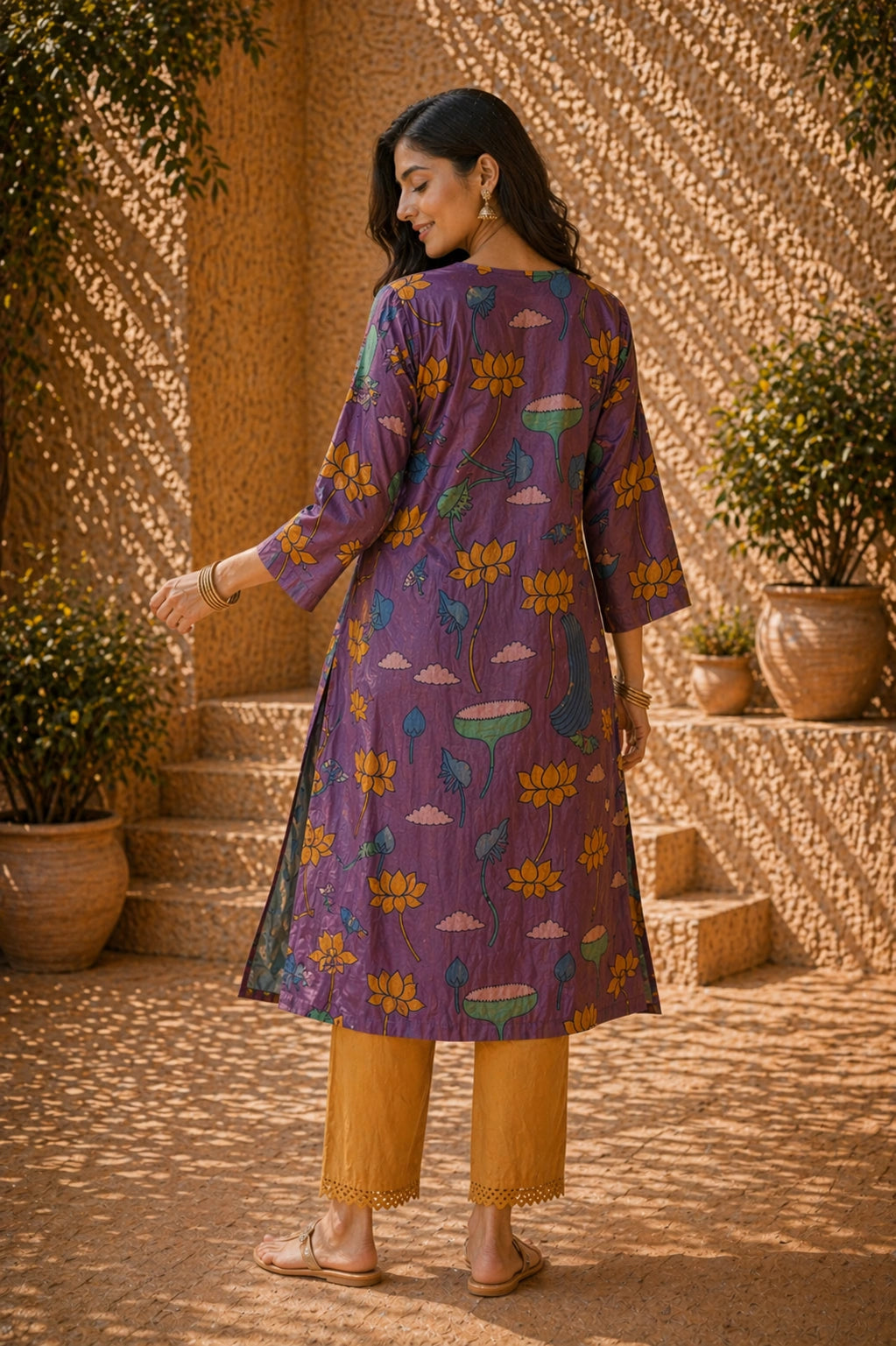 Rasika Kalamkari Print Premium Fabric Kurta Set with Pants for Women - Mauve