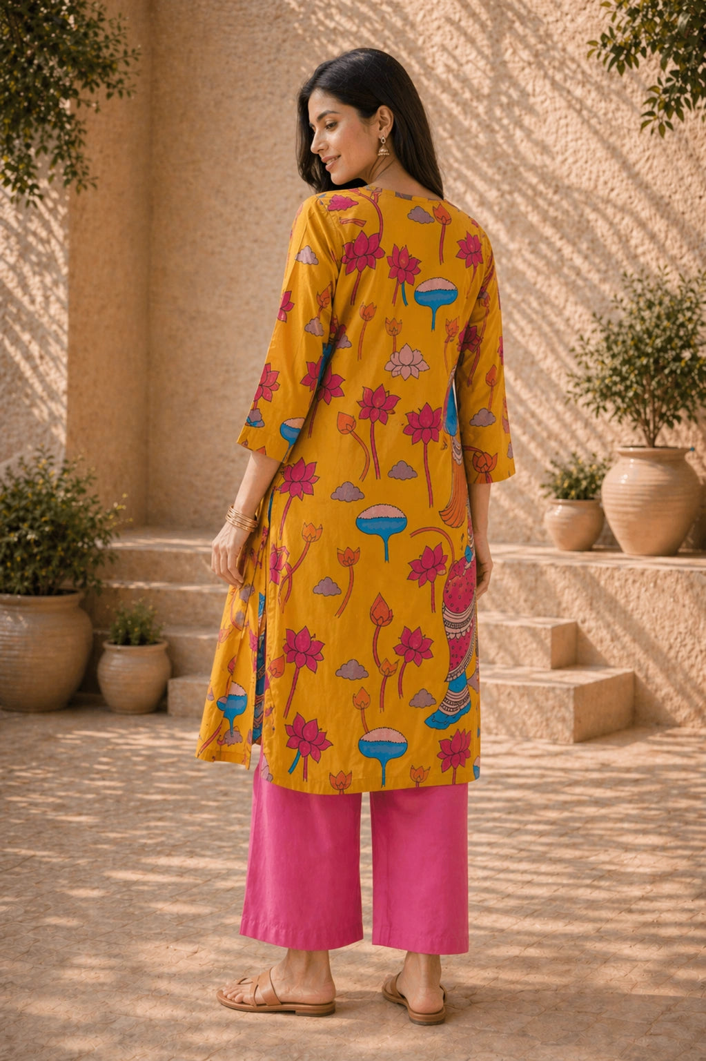 Rasika Kalamkari Print Premium Fabric Kurti Set with Pants for Women - Yellow