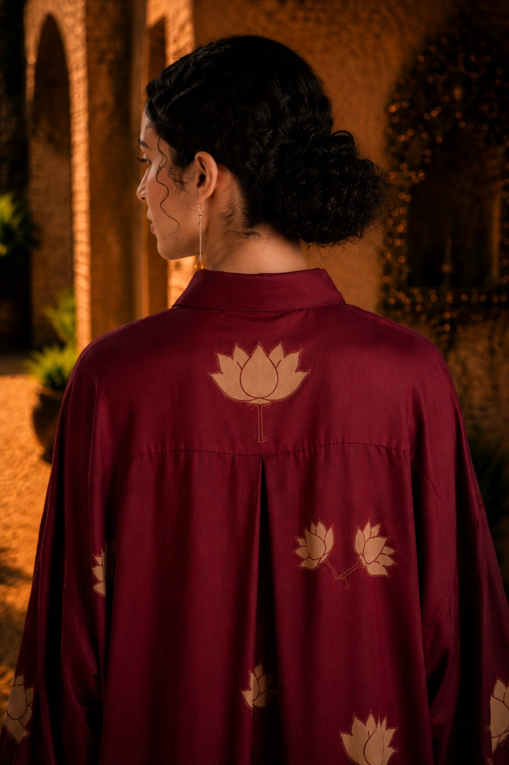 Maroon Kalamkari Elephant & Lotus Print Oversized Cotton Shirt – Premium Relaxed Fit Ethnic Fusion Top for Women