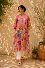 Vrindika Premium Cotton Printed Kurta Set with Pants – Pink Floral Ethnic Wear