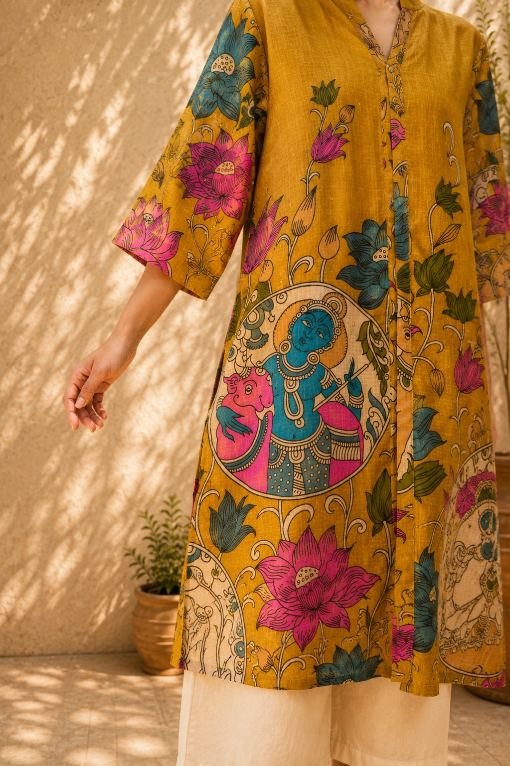 Vrindika Premium Cotton Printed Kurta Set with Pants – Mustard Floral Ethnic Wear